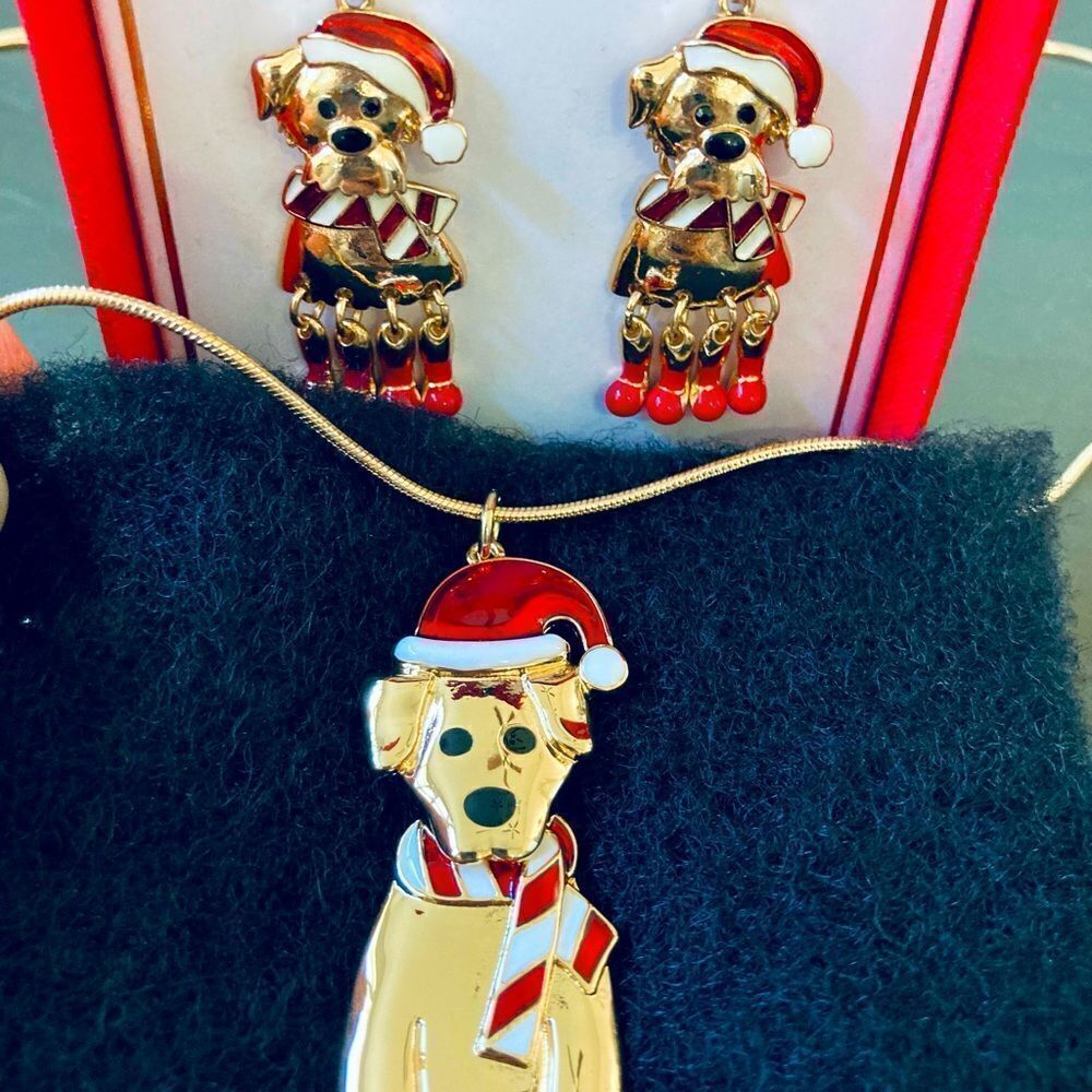 Christmas Dog Gold Holiday Necklace Earrings Set